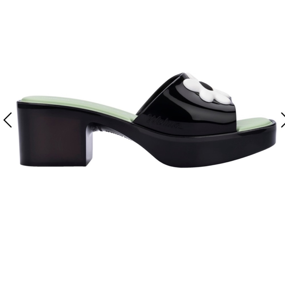 Melissa Lazy Oaf Flower Black and White Green Floral Flower Mules Slides Sandals - Picture 3 of 3
